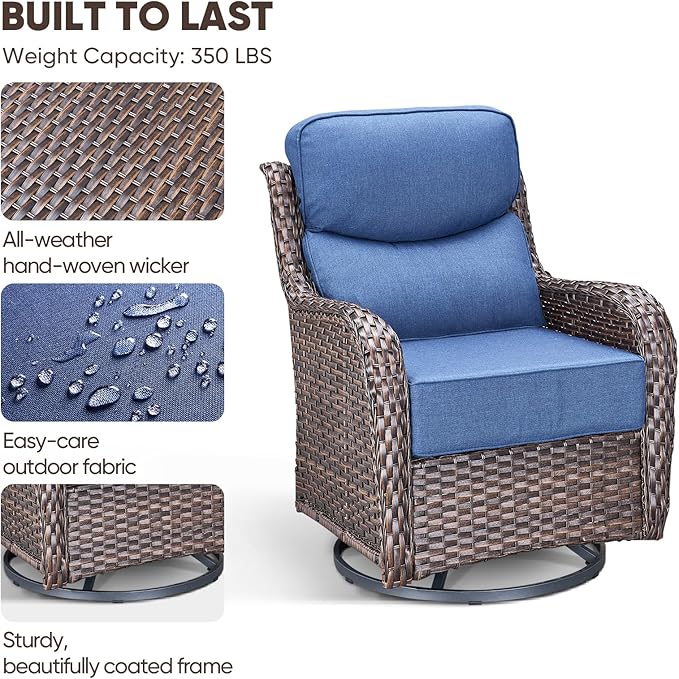 Swivel Patio Chairs sofa Set of 4 with 6" Thick Cushion - Wicker Outdoor Swivel Rocker Patio Chair ,Sofa/Glass coffee table, High Back Comfortable Outdoor Glider Chairs - Brown Wicker | Blue Cushions