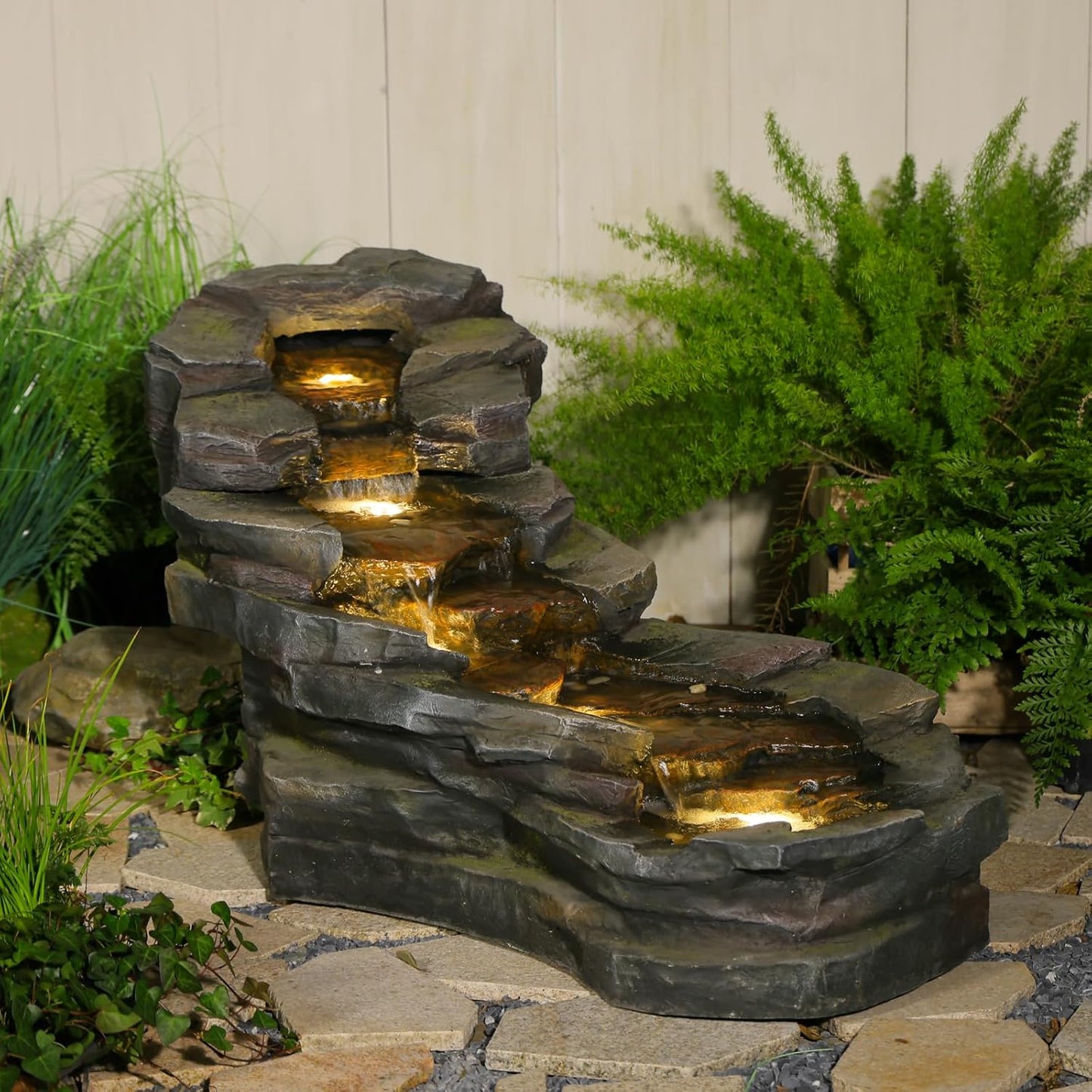 49" L Garden Outdoor Water Fountain 5-Tiers Rock Natural Waterfall Fountains Floor Standing Water Features with LED Lights for Patio, Porch, Home Art Decor