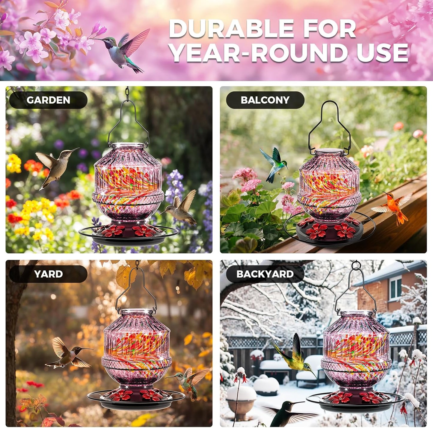 Hand Blown Glass Hummingbird Feeders for Outdoors, 25 Ounces Wild Bird Nectar Feeder with Perch & 5 Flower Feeding Ports Leak Proof Hanging for Garden Backyard Decor, Gifts for Women Mom, Purple