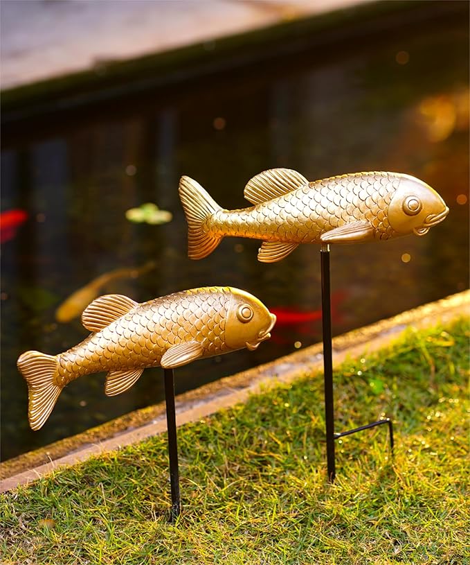 Outdoor Koi Fish Statues 2Pack: Garden Sculpture Ornaments Pond Decor for Yard Lawn Patio Porch Outside Decorative Gifts for Grandma Women Mom