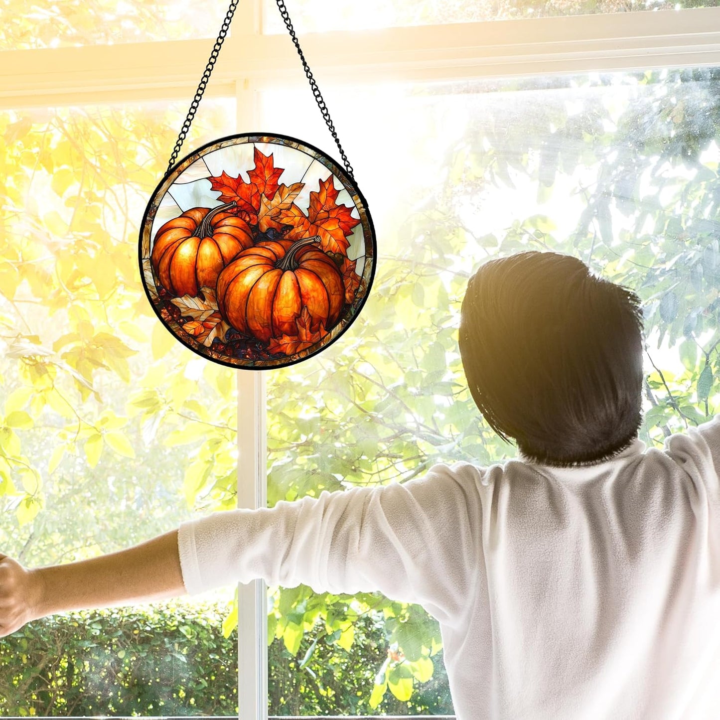 Stained Glass Window Hanging, Pumpkin Maple Leaf Suncatcher for Doors Home Sun Catchers Decoration and Christmas, Mother's Day Birthday Gifts for Women, Men, and Mom 6.3 in