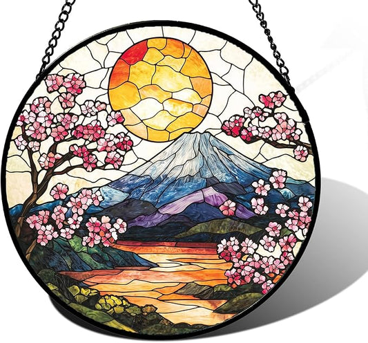 Stained Glass Window Hanging, Sun Blooming Cherry Blossoms Suncatcher Diamond Glass Panel Sun Catchers Decor for Birthday for Women, Men, Wife, Aunt, and Mom 9.8 in