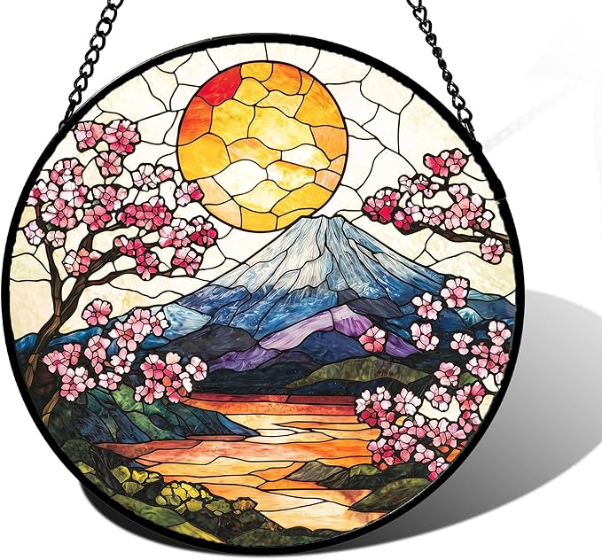 Stained Glass Window Hanging, Sun Blooming Cherry Blossoms Suncatcher Diamond Glass Panel Sun Catchers Decor for Birthday for Women, Men, Wife, Aunt, and Mom 6.3 in