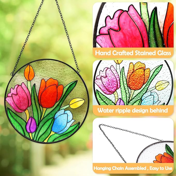 Tuitessine Tulip Suncatcher Stained Glass Window Hanging Panels, 6.3''x6.3'' Round Handmade Hanging Ornament with Chain, Garden Patio Wall Decor Flower Gift for Mom Teachers Friends
