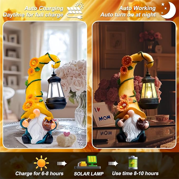 Twinbling12 Solar Sunflower Gnome Garden Statues Honey Bee jar Decor with LED Lantern Outdoor Summer Gnomes Decorations Patio Yard Balcony Art Gifts for Women Mom Grandma