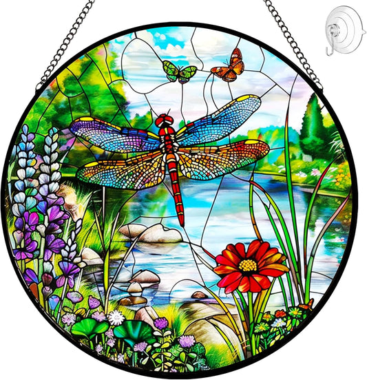 Dragonfly Suncatcher Stained Glass Window Hanging - 8″ Handmade Stained Glass Suncatchers for Windows Hanging - Sun Catchers Indoor Wall Art Catcher for Home Garden Decor -Birthday Gift for Women Men