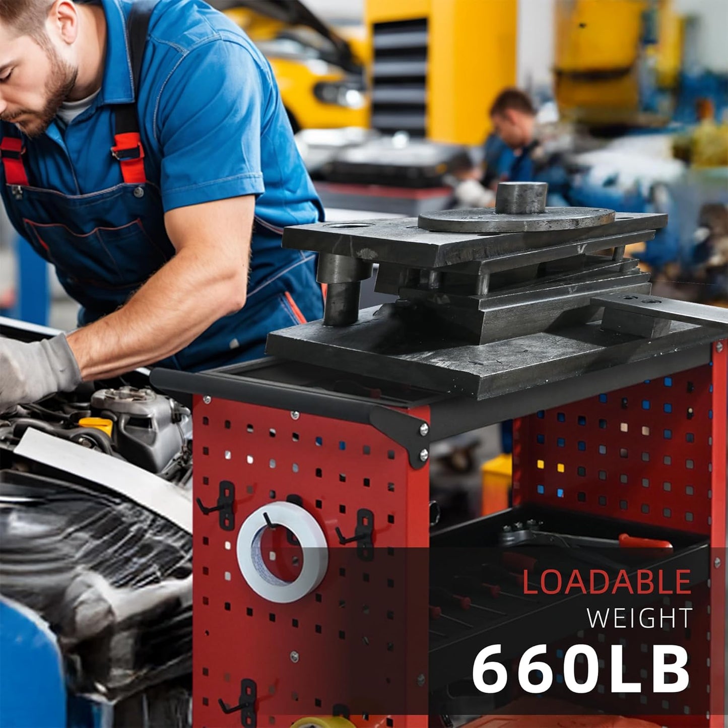 3 Tier Rolling Tool Cart on Wheels, 660LBS Load Capacity Heavy Duty Utility with Pegboard for Repair Shop, Garage, Warehouse, Workshop