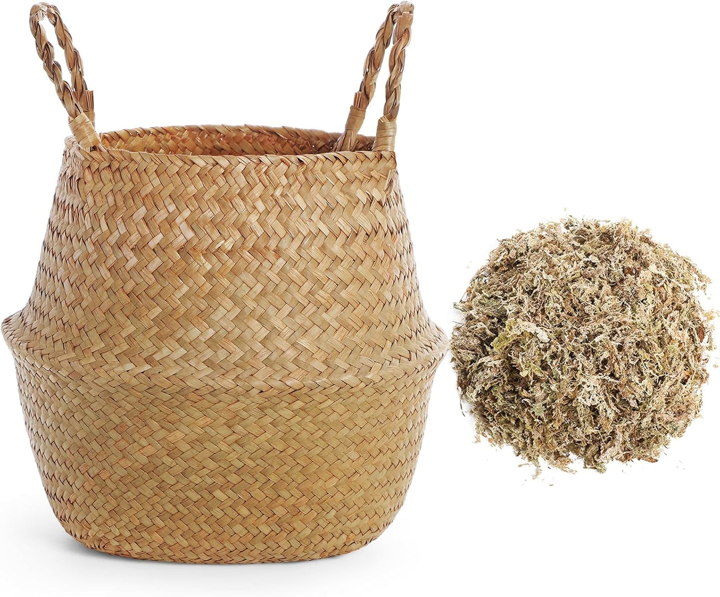 1 Pack Large Wicker Plant Basket with Handle 10 Inch Woven Seagrass Belly Basket and Artificial Moss for Plants Picnic Grocery Laundry House Storage Home Decor (Large)