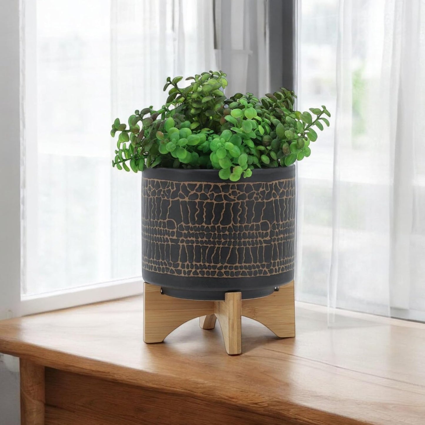 Glazed Decorative Planter Pot with Wood Stand – Ceramic Stoneware Outdoor & Indoor Plant Pot with Cracked Pattern – Modern Garden & Home Decor Planters – 9", Black