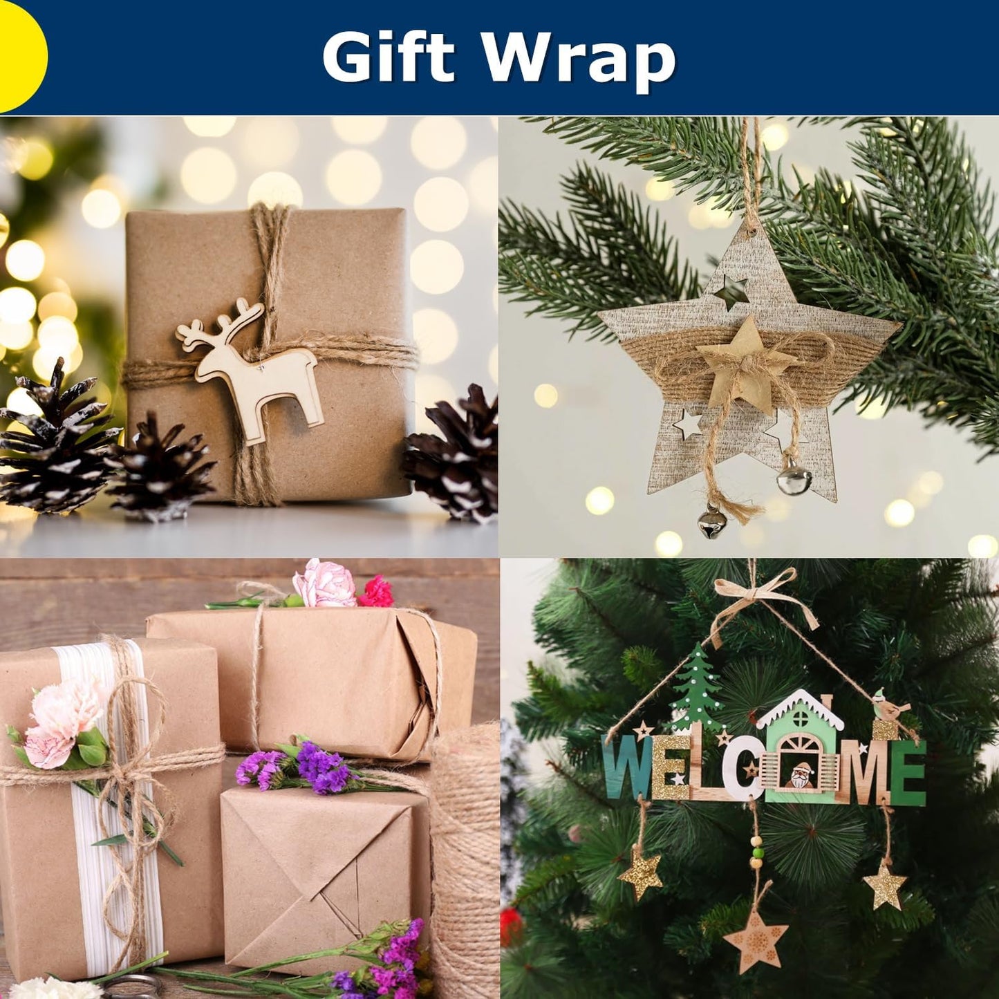 Vanhench 400Feet Natural Jute Twine String, Bulk Hemp Jute Rope Cord Twine for Crafts Gardening, Gift Wrapping, Arts & Crafts, Wedding Décor, Packing Material Burlap Ribbon, Christmas