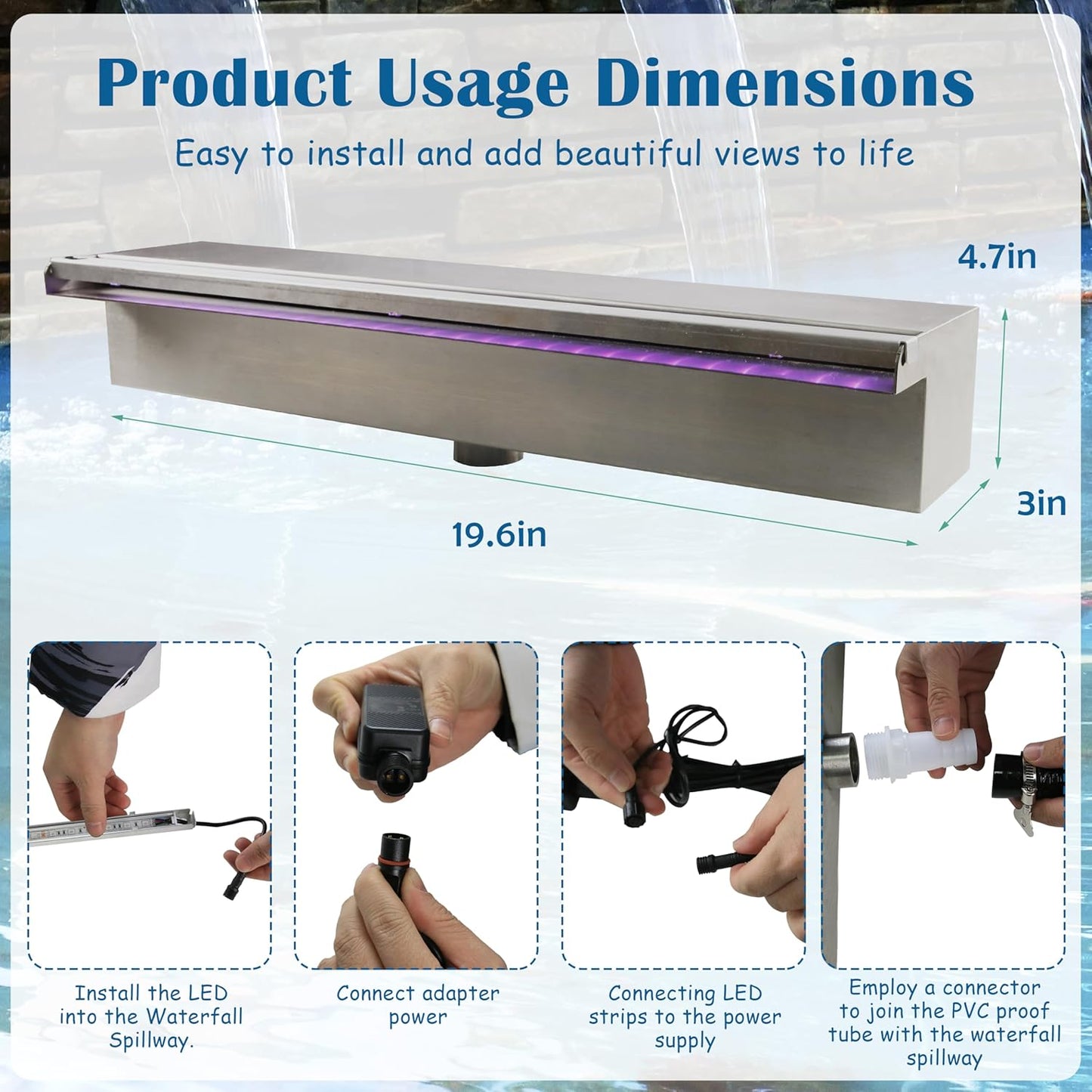 19.6 Inch Pool Waterfall Spillway, Stainless Steel Pond Waterfalls with Multi Color-LED Light Outdoor Pool Fountain, Water Flow Fountains Kit for Garden Patio & Rockery Decoration