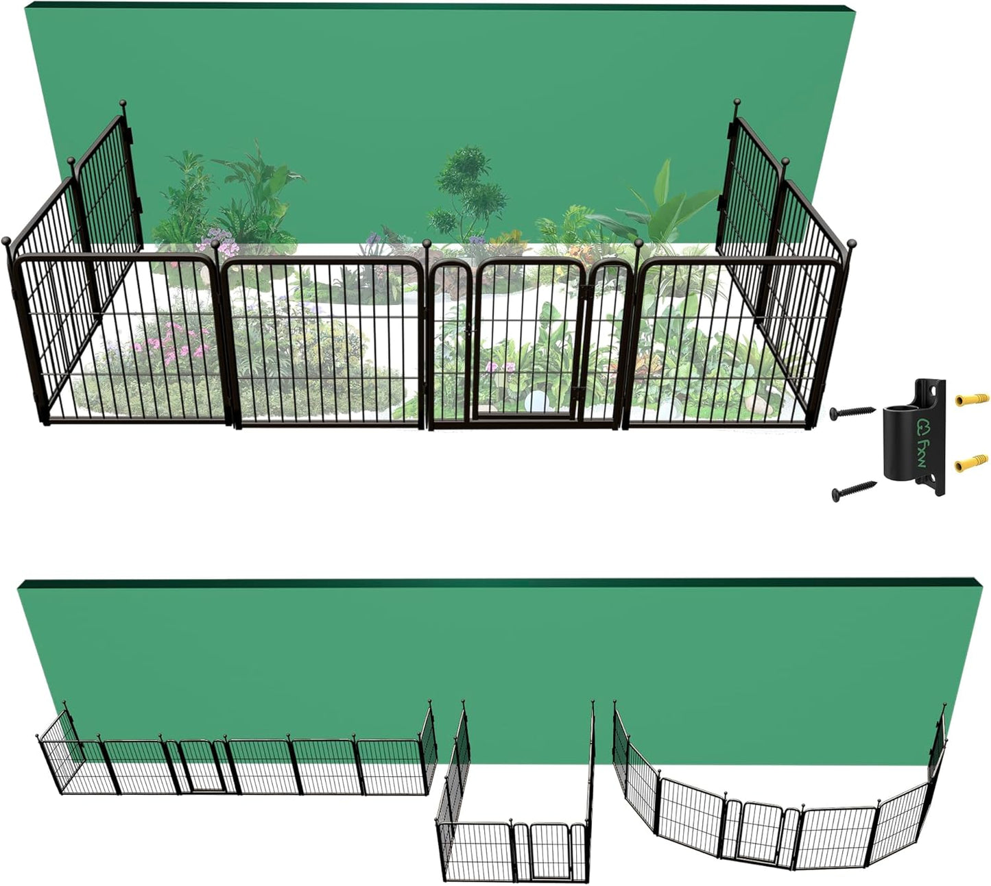FXW Garden Fence Outdoor for The Yard – 24in(H) x 15.2ft(L) Heavy Duty Metal Animal Barrier for Dog and Rabbit, Decorative Dog Fence with Fence-to-Wall Anchor (Pack of 4), 8 Panels, Black