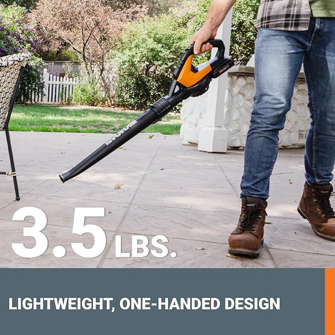 WORX WG545.1 20V Cordless Leaf Blower, Electric Blowers for Lawn Care with 120 MPH & 3.5 Lbs, Long Nozzle Design for Narrow Spaces with Cleaning Attachments, Battery & Charger Included