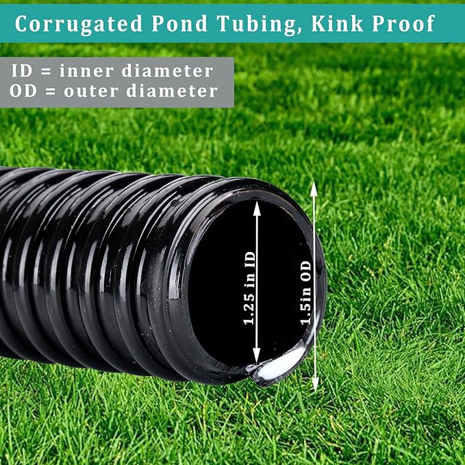 Pond Hose ID 1-1/4” × 25ft Black Corrugated Flexible Reinforced PVC Hose Vinyl Tubing for Pond Pump Fountain Garden Waterfall, Non-toxic & Kinkproof, with 2 clamps