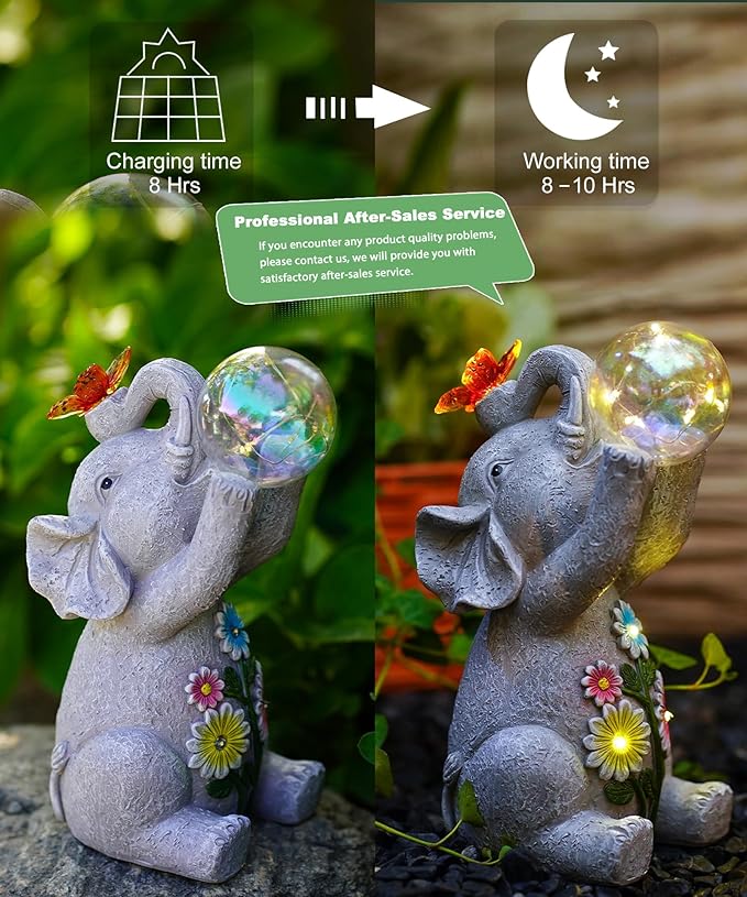Solar Funny Elephant Statue for Garden: Outdoor Sculptures with Ball Lights and Butterfly Clearance Lawn Ornaments Yard Porch Patio Balcony - Gifts for Mom Grandma