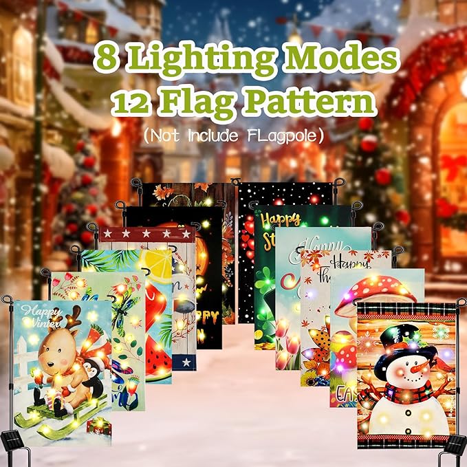 Solar Seasonal Garden Flags Set of 12, Lighted 12×18 Double-Sided Yard Flags for Outside Halloween Christmas Fall Thanksgiving Day Decorations Welcome Flag Outdoor Holiday Decor