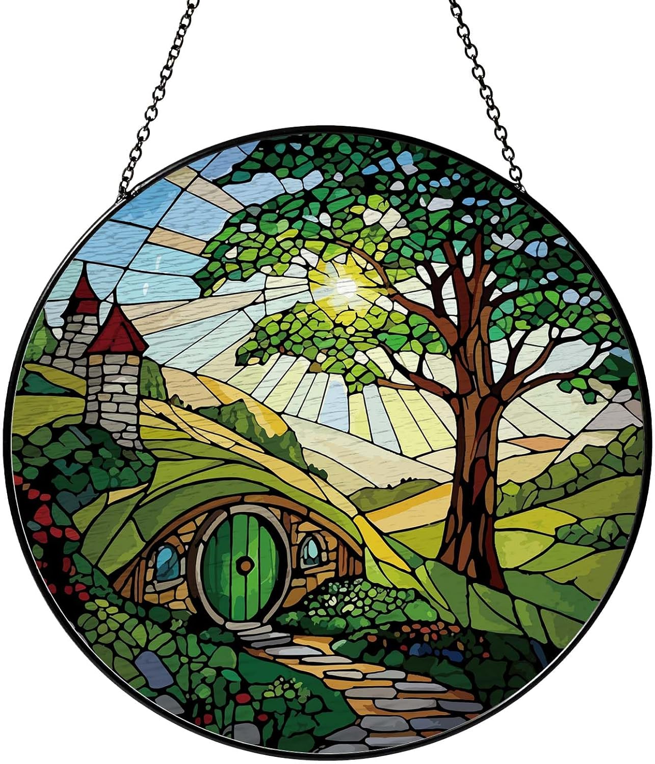 Shire Sun Catcher Stained Glass Window Hanging Gifts for Countryside Lover Women Scenery Wall Decor Handmade Sun Catcher Decoration for Home Garden Housewarming Gifts