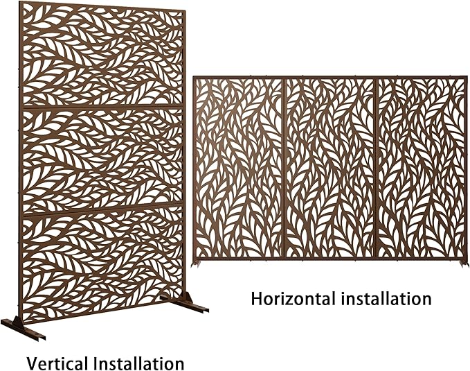 Metal Privacy Screen Outdoor 72" H×47" W,Freestanding Decorative Privacy Screen for Balcony Yard&Garden,Privacy Fence-Brown&Leaf