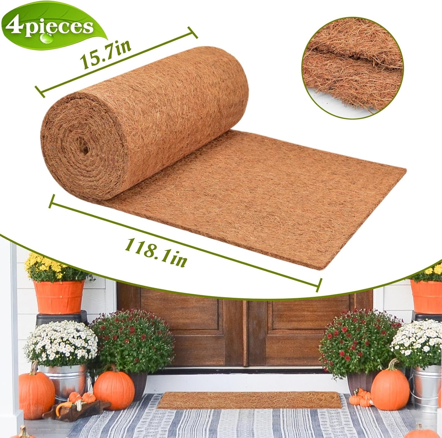 4 Pack Thickened No Slip Ice and Snow Carpet-16×118x0.28 Inch Natural Coconut Fiber Carpet Mat Walking Safety, Winter Walkway Carpet Runner for Front Door Hallway Stairs Outdoor Patio Porch Garden