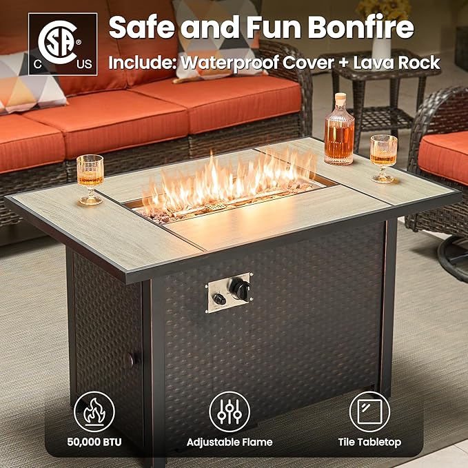 ovios 8 Pieces Patio Furniture Set, Outdoor Wicker Sofa Couch with Swivel Chairs 42" Fire Pit Table, High Back All Weather Modern Conversation Sets, Brown Rattan, Orange Red