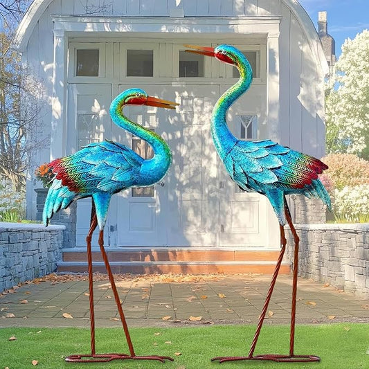Natelf Crane Statues for Garden Decor, Blue Heron Sculptures, Metal Large Birds Lawn Sculptures & Statue for Patio Pond, Yard Decorations, Set of 2