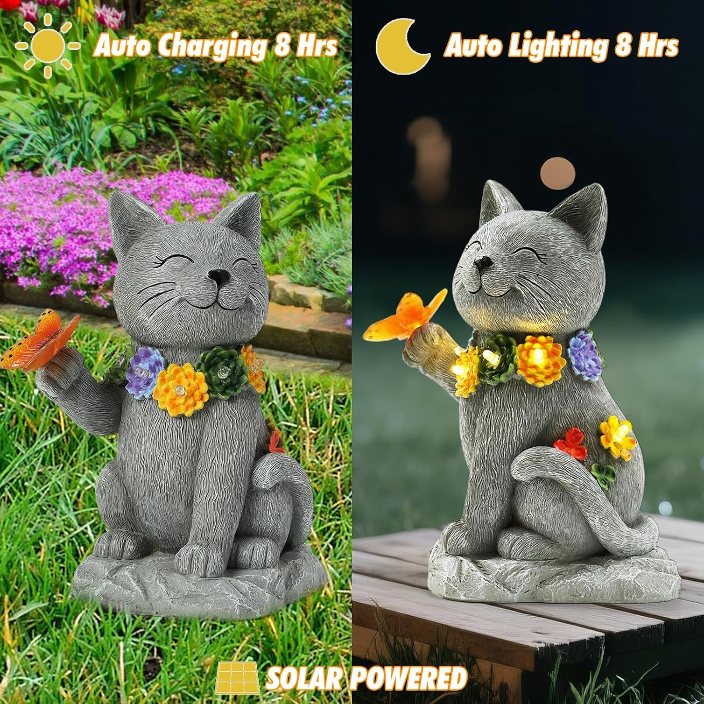 Outdoor Solar Cat Garden Statue - with LED Flower and Butterfly Statue Light, Suitable for Lawn Decor, Porch, Yard Decorations Outdoor, Birthday Gift for Women
