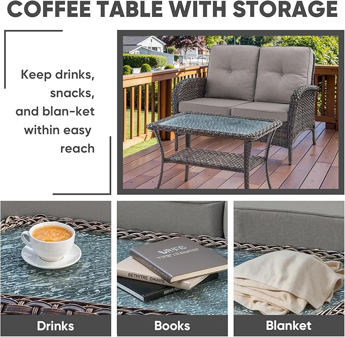 HUMMUH 4-Piece Patio Furniture Wicker Outdoor Conversation Set,All-Weather Rattan Outdoor Sofa Set Patio Chairs Coffee Table for Backyard,Porch,Deck