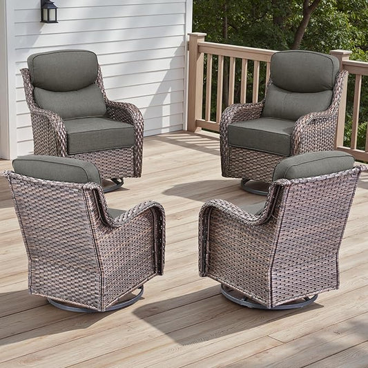 Rilyson 4 Piece Outdoor Patio Swivel Rocker Chairs, Waterproof Wicker, High Back, Deep Seating, Wide Armrest, Upgraded 6 inch Thick Cushions, Ideal for Deck Porch Backyard, Brown/Grey