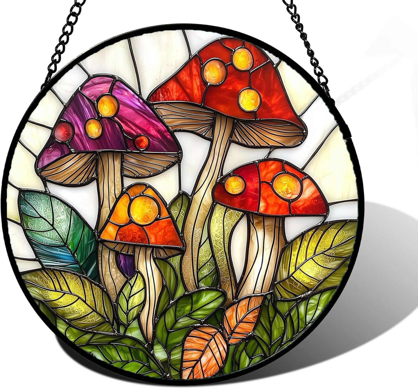 Stained Glass Window Hanging, Mushroom Leaves Suncatcher for Doors Home Sun Catchers Decoration and Christmas, Mother's Day Birthday Gifts for Women, Men, and Mom 11.8x11.8 in