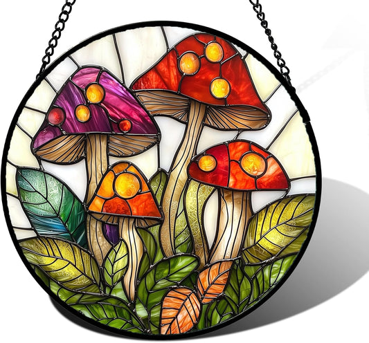 Stained Glass Window Hanging, Mushroom Leaves Suncatcher for Doors Home Sun Catchers Decoration and Christmas, Mother's Day Birthday Gifts for Women, Men, and Mom 6.3 in