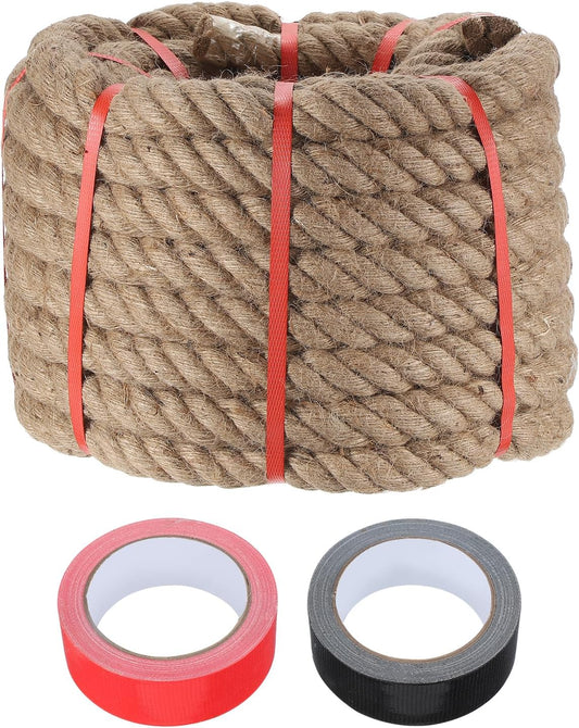 MECCANIXITY Jute Rope 1.3 Inch x 75ft, Thick Twine Rope Ropes Braided Jute Twine Natural Brown Burlap Cord String Heavy Twisted with Tapes for Decorative Crafts Railing Swing Tug of War
