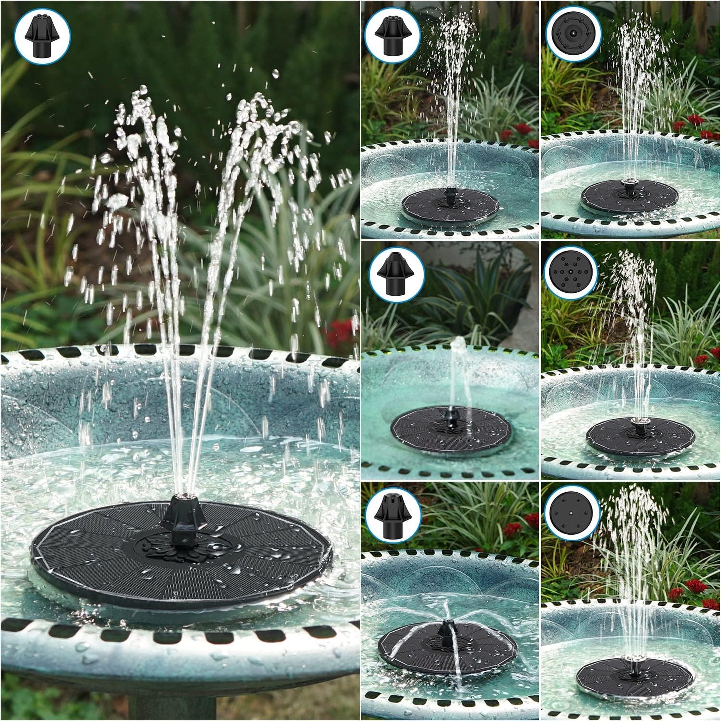 SZMP Solar Bird Bath Fountains,Working On Cloudy Day Solar Water Fountain 3.5W Glass Solar Panel 2000mAh Battery 4 Fixer 7 Nozzles Solar Fountain for Bird Bath Garden(Black Solar Panel)