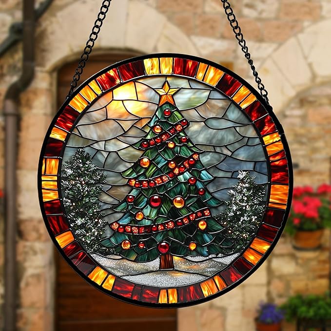 Stained Glass Window Hanging - Winter Christmas Tree Suncatcher Ready to Hang Window Doors Home Decoration, Christmas, Mother's Day Birthday Gifts for Women, Men, and Mom 9.8x9.8 in