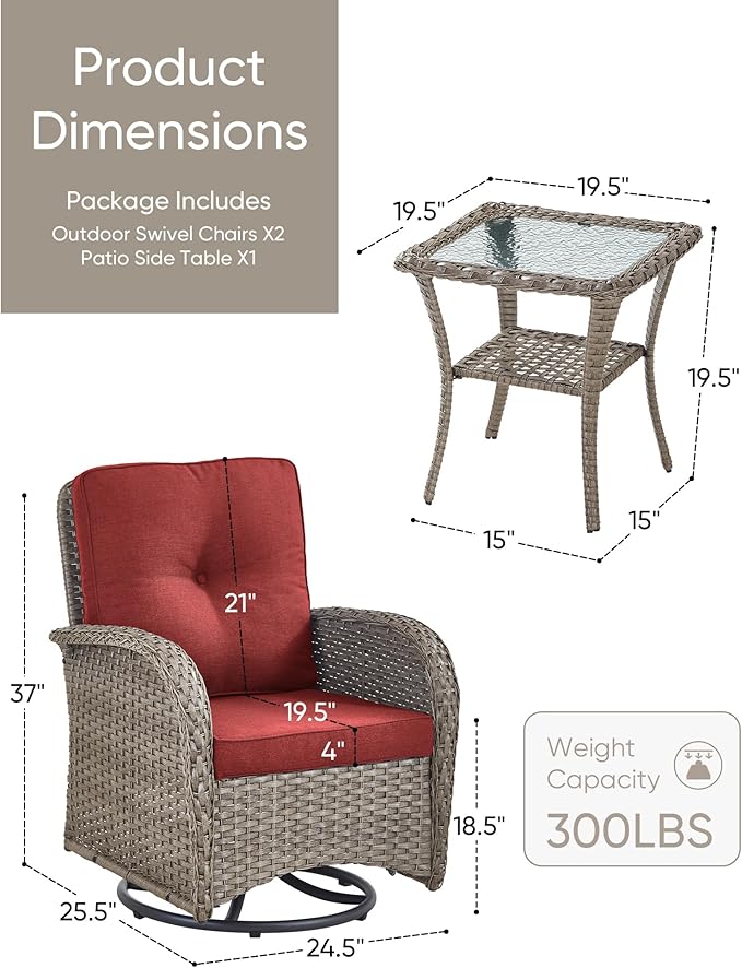 HUMMUH 3 Piece Outdoor Rocking Chairs Bistro Set-All Weather Wicker Outdoor Swivel Chairs Set of 2 with Side Table Small Patio Furniture Set for Deck Lawn Porch Balcony Poolside-Grey/Red