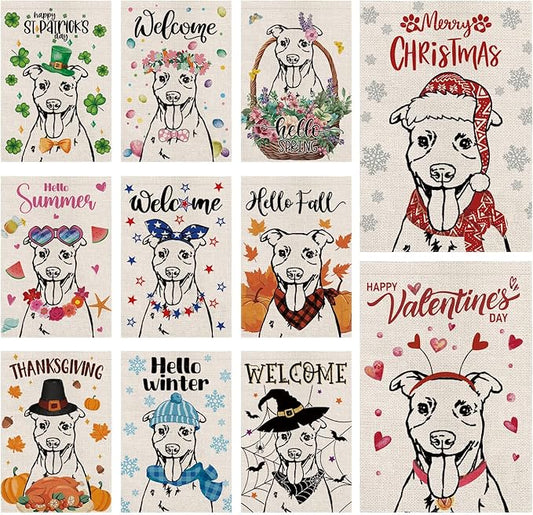 Seasonal Garden Flags Pitbull Double Sided Flags Set of 11 Holiday Farmhouse Indoor Outdoor Yard Lawn Christmas Gifts Decorations 12.5x18 Inch