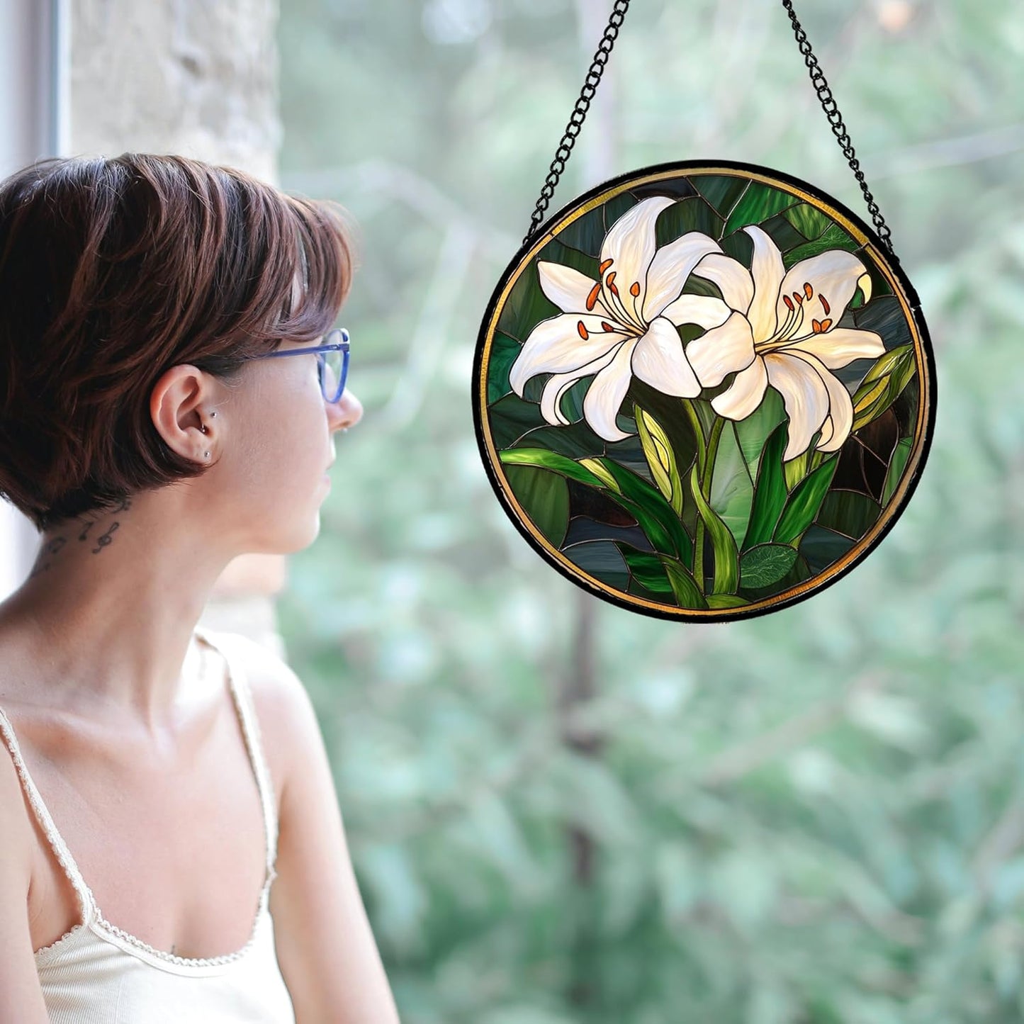 Stained Glass Window Hanging, White Lily Suncatcher for Door Garden Patio Birth Flower Green Plant Sun Catchers Decor Christmas Mother's Day Birthday Gifts for Women Mom Nana Friend 6.3 in