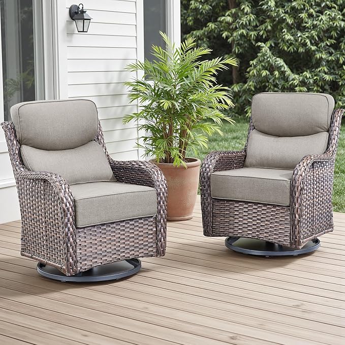 Rilyson Patio Outdoor Swivel Rocker Chairs Set of 2, Waterproof Wicker, High Back, Deep Seating, Wide Armrest, Upgraded 6 inch Thick Cushions, Ideal for Deck Porch Backyard, Brown/Beige