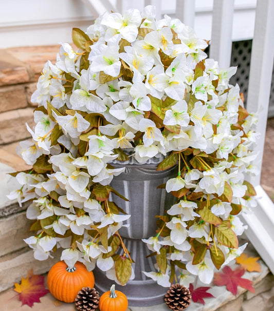 Bougainvillea Artificial Fall Hanging Flowers Plants for Outdoors Autumn Decoration, 2pcs Faux Bougainvillea Vines White Fake Flowers Realistic UV Resistant Silk Flowers for Outside Planter Yard Home