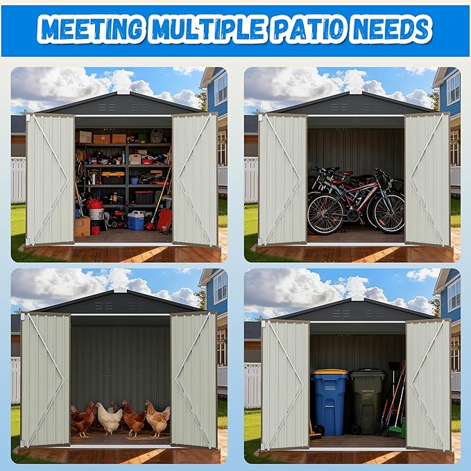 Greesum 8x8FT Outdoor Storage Shed, Utility Tool Shed Metal Storage Garden Shed with Door & Lock for Patio Storage, Brown