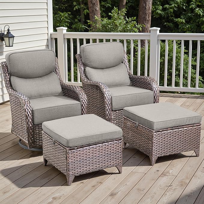 Rilyson Wicker Outdoor Patio Furniture Set - 4 Piece Patio Conversation Set with Swivel Rocker Chairs and Ottomans, 6 inch Cushions, High Back, Deep Seating, for Porch Deck Garden Brown/Beige