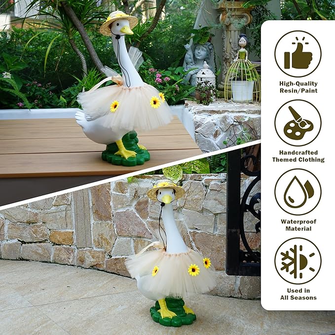 Goose Statue with Summer Sunflower Outfit Set - 20″ Goose Birthday Decor, Funny Ducks Yard Garden Outdoor Decor, Resin Animal Sculptural Patio Yard Ornament, Gifts for Women/Grandma