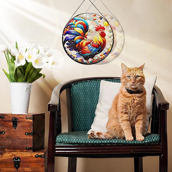 RIVEENY Rooster Glass Window Hangings, 8" Rooster Sun Catcher Stained Glass Window Panels, Wall Art Stained Panel Hangings Gift for Home Garden Ornament (Roosters)