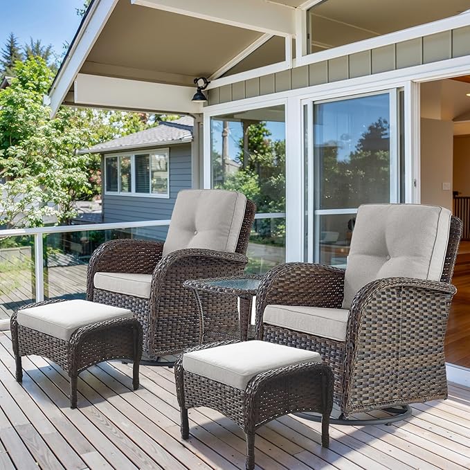 HUMMUH 5 Pieces Wicker Patio Furniture Set,Outdoor Swivel Gliders Rocker,Patio Ottomans,Glass Top Side Table,Outdoor Conversation Set for Porch Deck Backyard Poolside