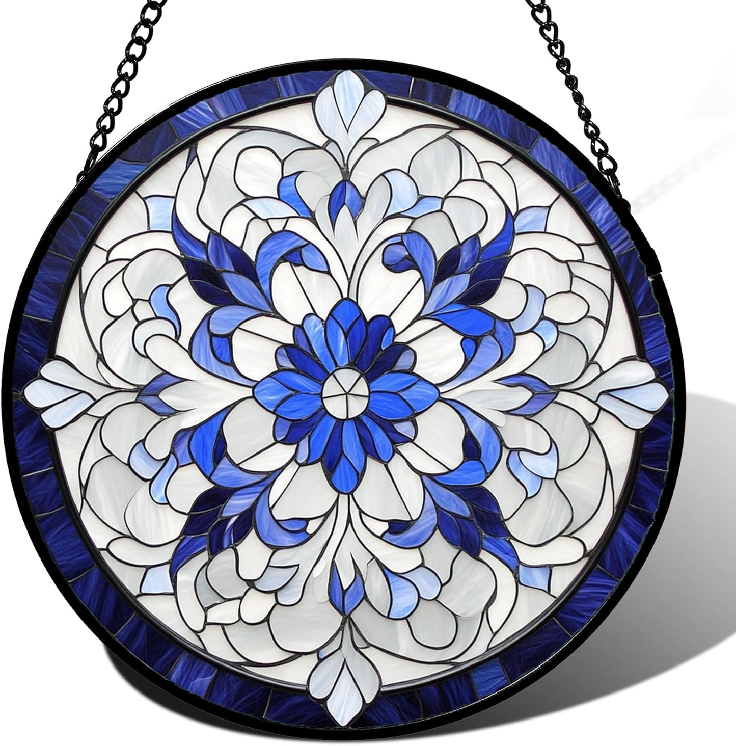Stained Glass Window Hanging - Blue White Boho Flower Suncatcher for Door Garden Yard Sun Catchers Decor Christmas Mother's Day Birthday Gifts for Women Mom Nana Friend Teacher 15 in