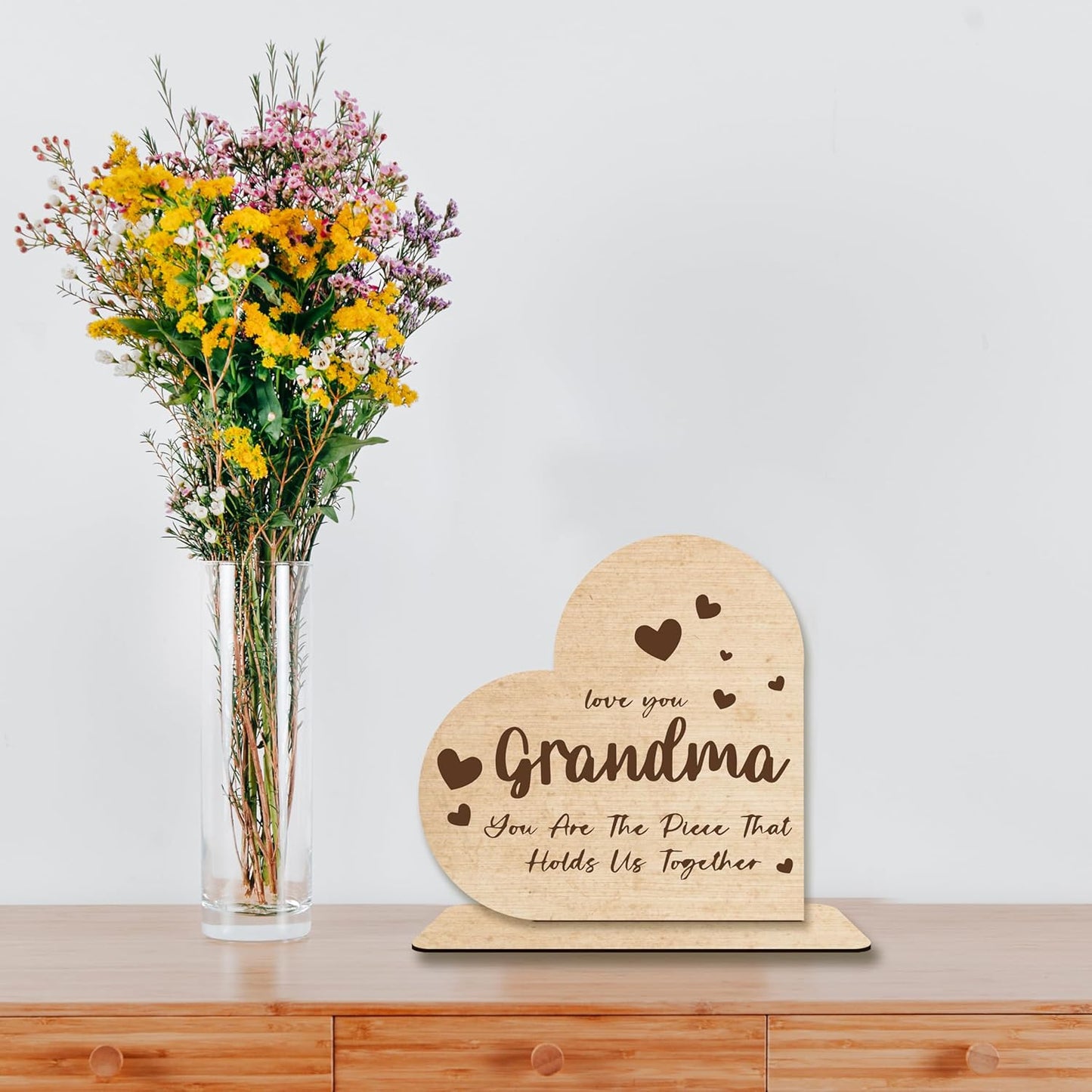 Grandma Gift – “You Are The Piece That Holds Us Together” Heart-Shaped Wooden Plaque, Rustic Desk Decor, Sentimental Wooden Sign for Grandmother.(055)