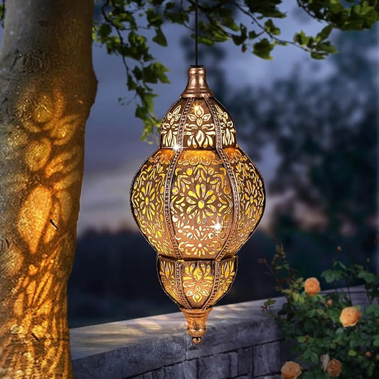 Hanging Solar Lantern Outdoor Decor, Moroccan Solar Lights for Outside Garden Decorations, Waterproof Lanterns Garden Gifts for Mom, Women, Patio, Yard Ornament