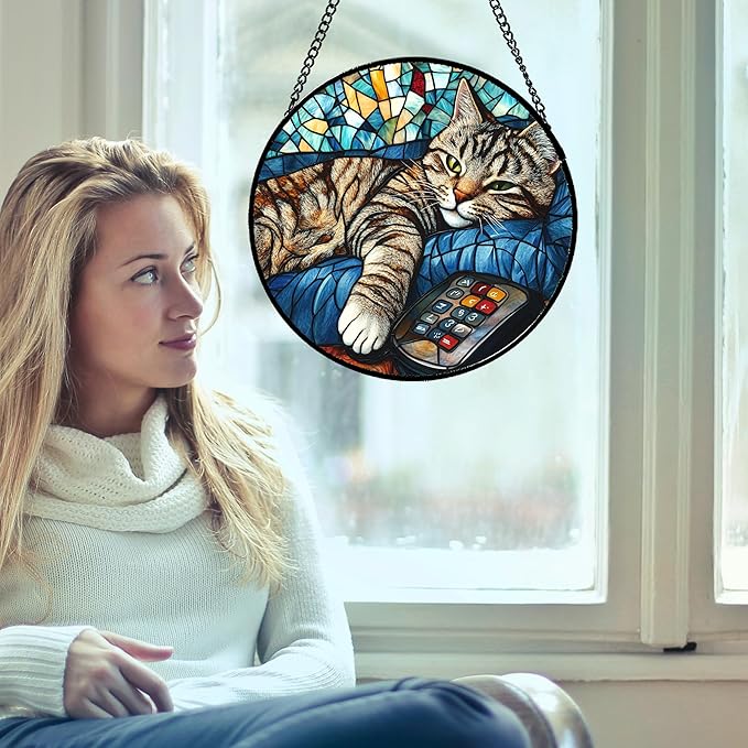 Stained Glass Window Hanging Gray Cat and Remote Control 9.8" - Suncatcher Door Garden Kitchen Sun Catcher Home Decor Birthday for Lost Pets Mom Men Woman Friend Grandma