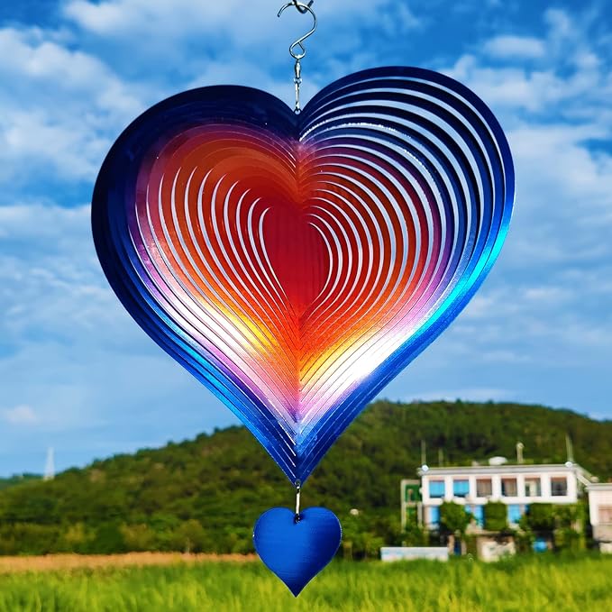 DJUAN Wind Spinners Outdoor Garden Decor 12inch Blue-Orange Love Heart Hanging Wind Spinner Metal Yard Art Decorations Kinetic Wind Sculptures & Spinners Birthday Gifts for Women, Mom, Grandma