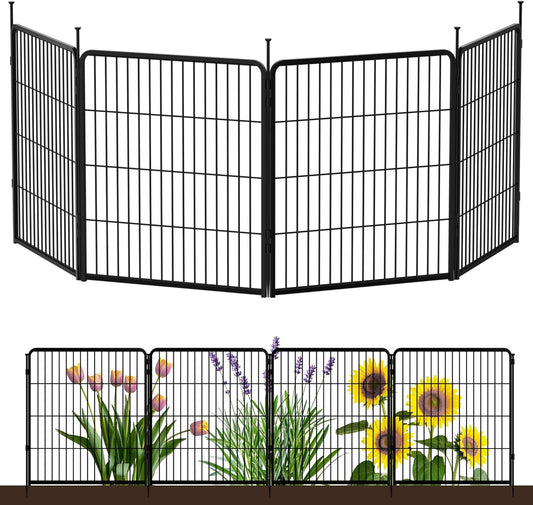 Doorless Garden Fence 32 in(H) x 8.9 ft(L) 4 Panels, Heavy Duty Metal Animal Barrier Fence, No Dig Fence for Dogs, Rabbit Fence for Garden, Black