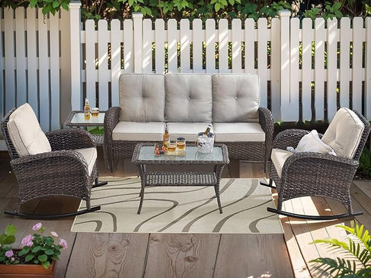 HUMMUH 5-Piece Outdoor Patio Furniture PE Wicker Patio Conversation Set,All-Weather Outdoor Rocking Chairs with Patio Couch Tables for Backyard,Poolside,Deck